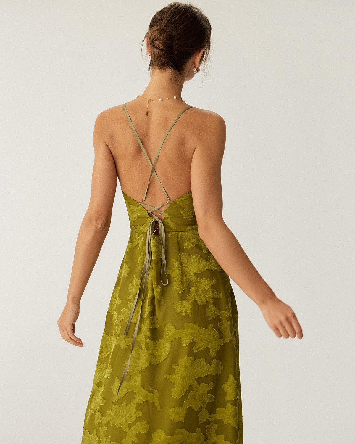 Green Floral Ruched Backless Slip Maxi Dress Product Image