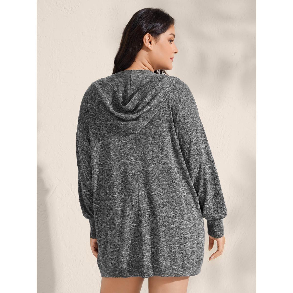 Plus Size Hooded Heather Curvy Hem Lightweight Knit Cardigan DimGray Women Leisure Loose Long Sleeve Casual Cardigans BloomChic 18-20/2X Product Image