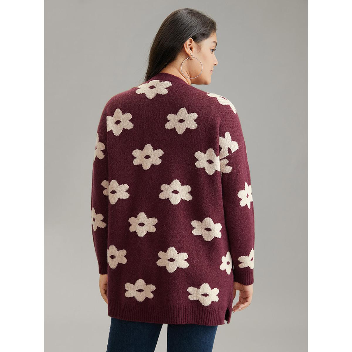 Plus Size Floral Two Tone Open Front Cardigan Burgundy Women Casual Loose Long Sleeve Dailywear Cardigans BloomChic 10/M Product Image
