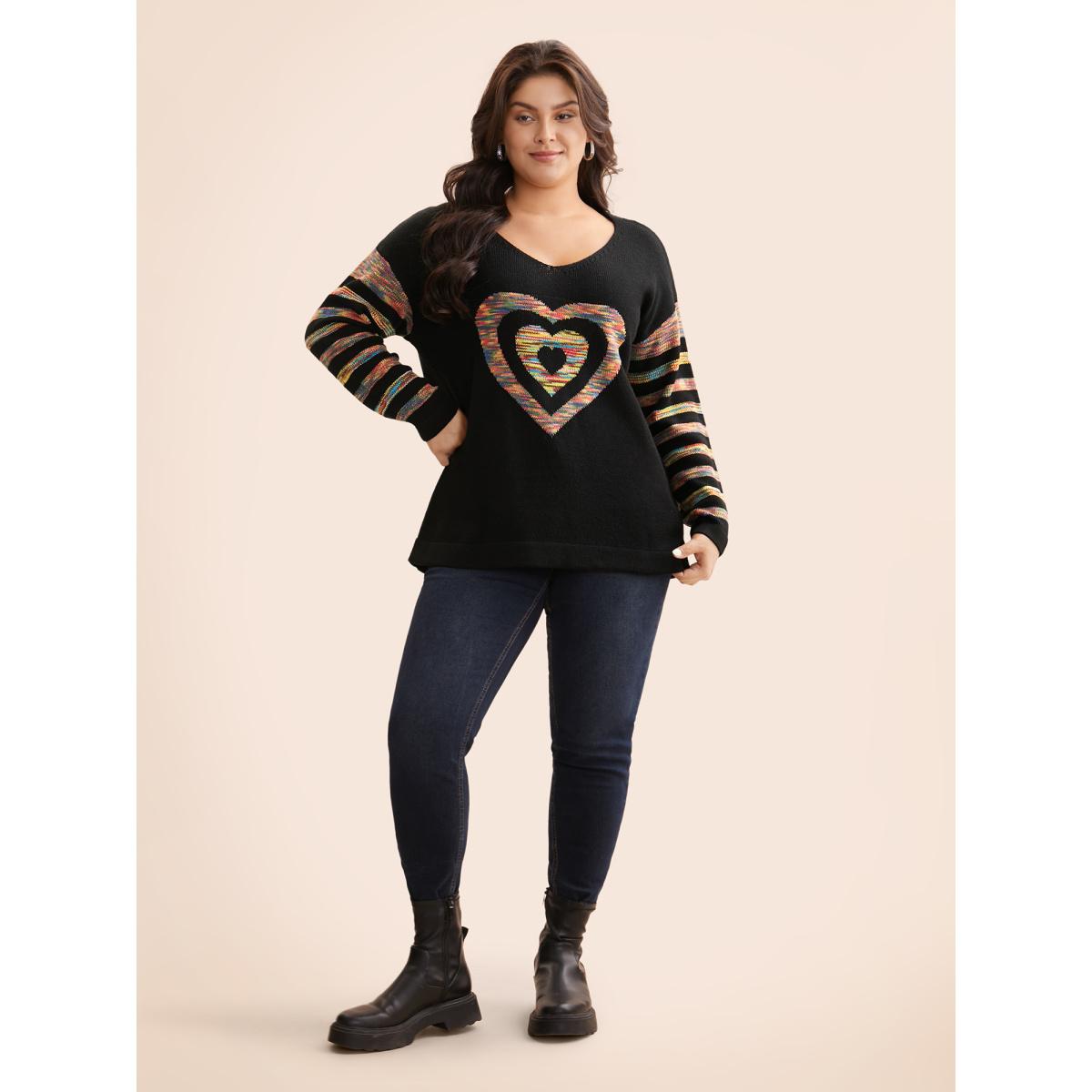 Plus Size Contrast Heart Jacquard Drop Shoulder Pullover Black Women Casual Loose Long Sleeve V-neck Everyday Pullovers BloomChic 22-24/3X Product Image