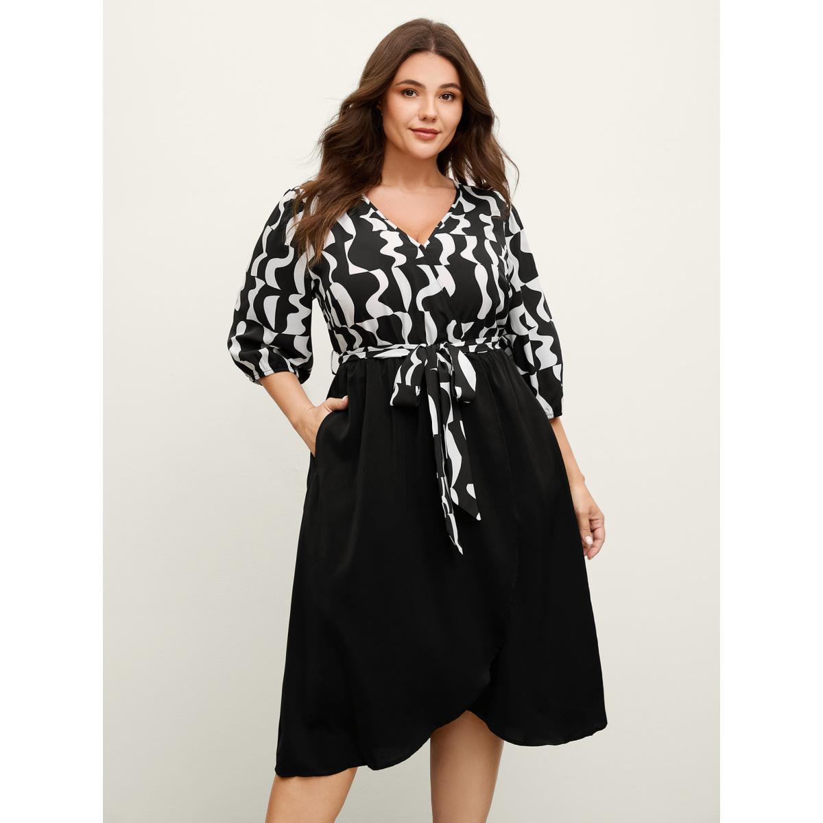 Plus Size Retro Wavy Print Stretchy Waist Midi Dress Black Women Office Overlap Collar Elbow-length sleeve Curvy BloomChic 12/L Product Image