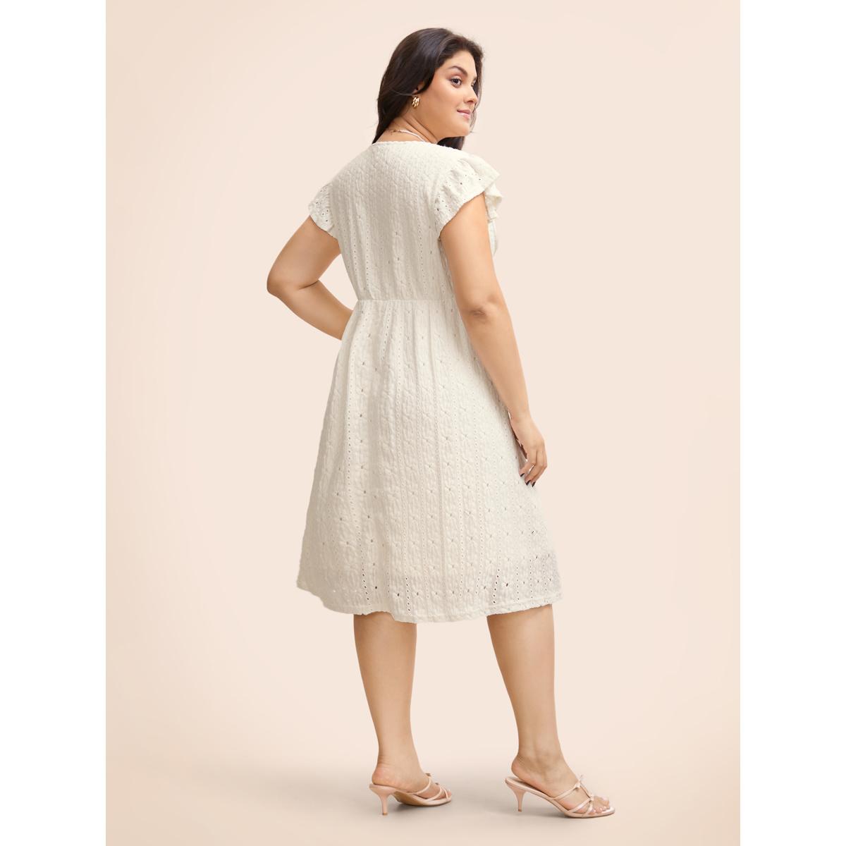 Plus Size Textured Button Detail Cap Sleeve Dress Ivory Women Elegant Texture V-neck Cap Sleeve Curvy BloomChic 18-20/2X Product Image