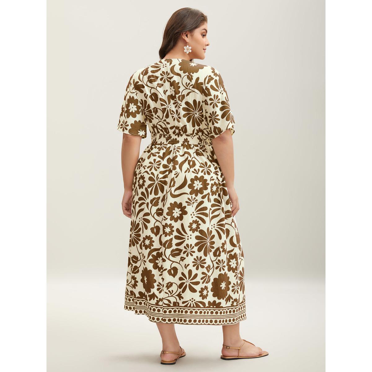 Plus Size Large Floral Print Pockets Midi Dress Bronze Women Slit V-neck Short sleeve Curvy BloomChic 12/L Product Image