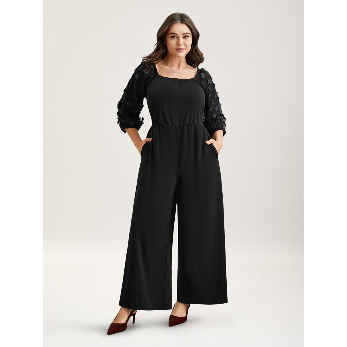 Plus Size Black Floral Mesh Sleeve Pockets Straight-Leg Jumpsuit Women Elegant Elbow-length sleeve Square Neck Elegant Loose Jumpsuits BloomChic 26/4X Product Image
