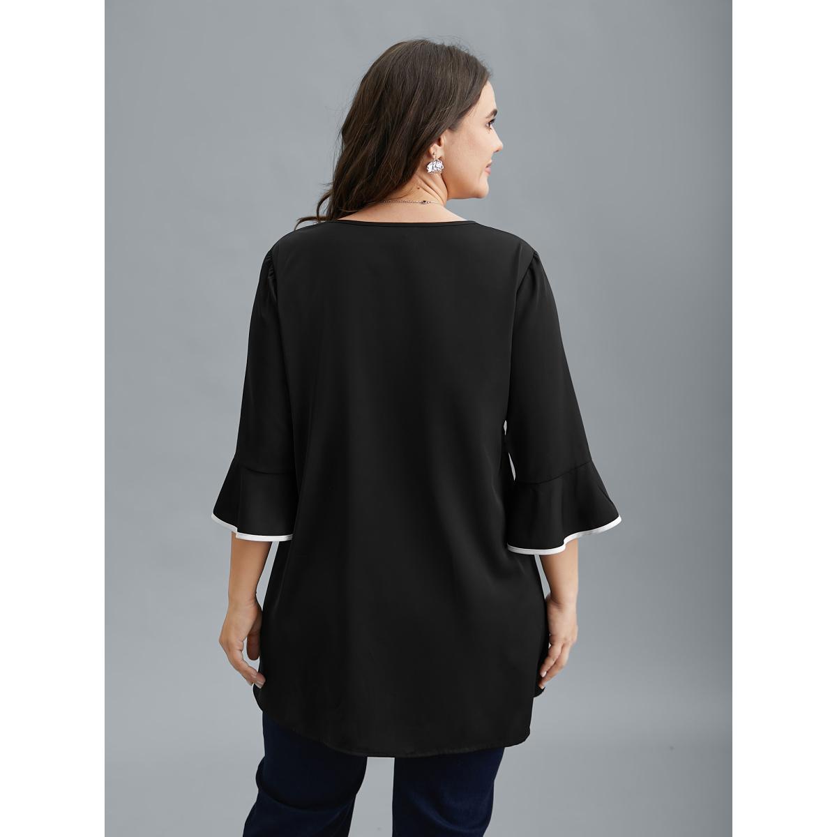 Plus Size Black Color-Block Spliced Ruffled Overlap Hem Blouse Women At the Office Elbow-length sleeve V-neck Work Blouses BloomChic 10/M Product Image