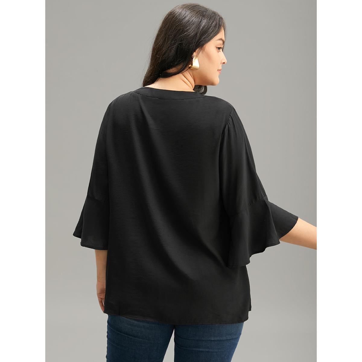 Plus Size Black Plain Ties Bell Sleeve Keyhole Button Up Blouse Women Office Elbow-length sleeve Keyhole Cut-Out Work Blouses BloomChic 28/5X Product Image