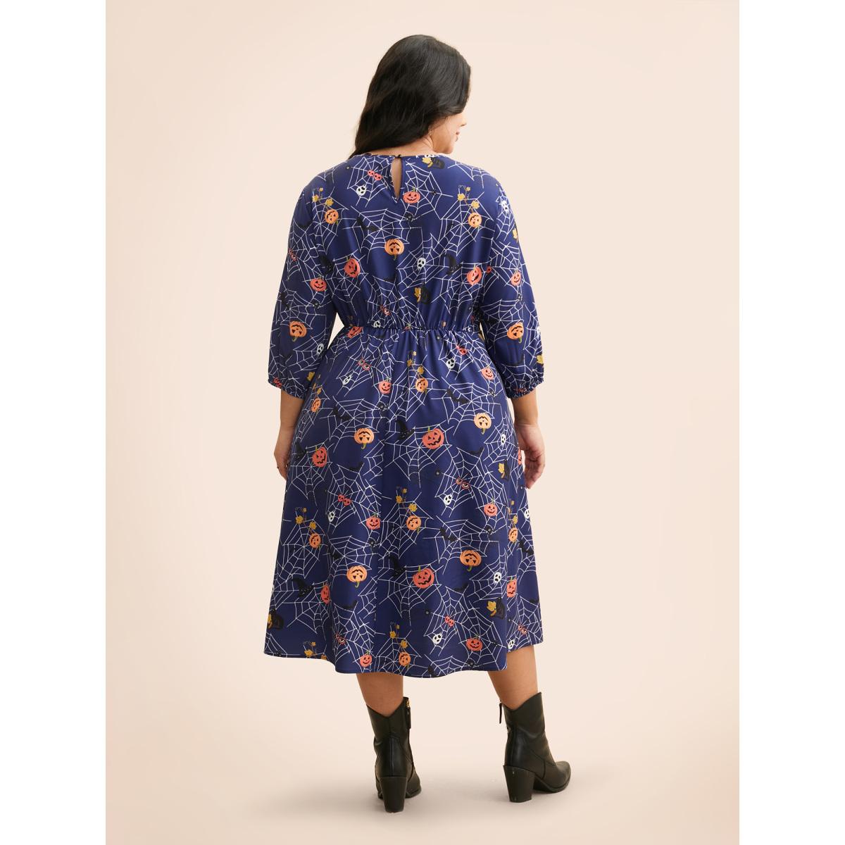 Plus Size Pumpkin Patch Retro Collared Midi Dress DarkBlue Women Cocktail Contrast Party Curvy Bloomchic 28/5X Product Image