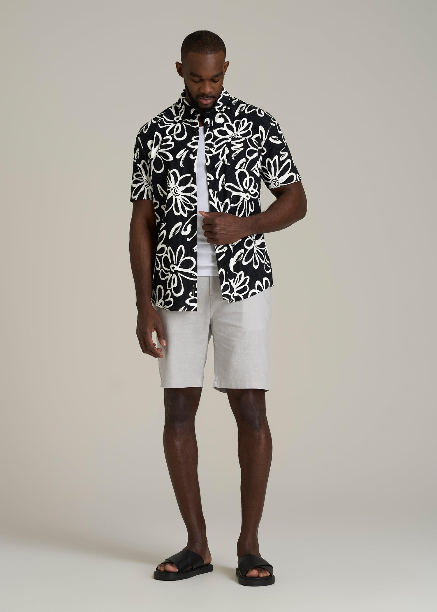 Seersucker Short Sleeve Shirt for Tall Men in Black and White Floral Male Product Image
