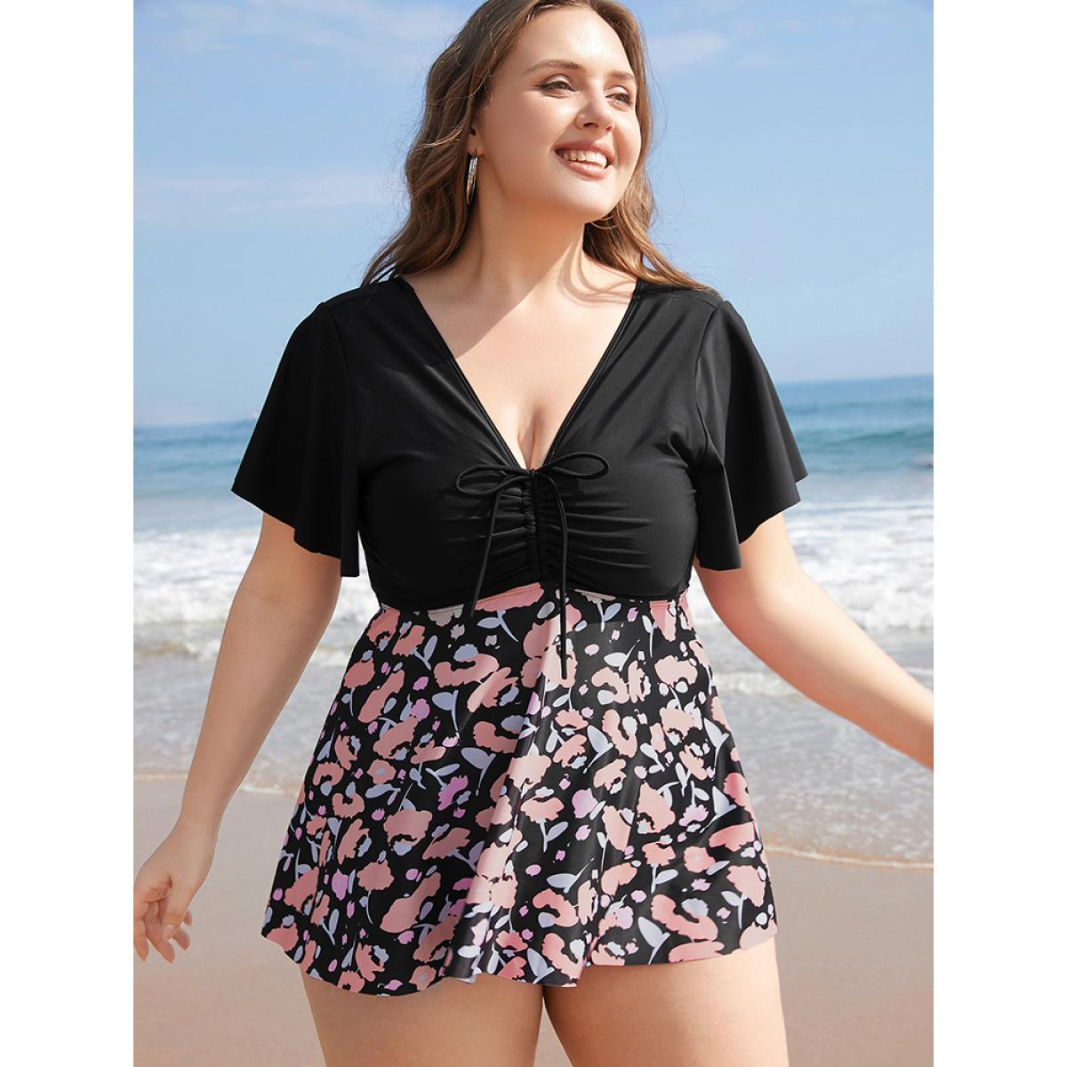 Plus Size Floral Patchwork Drawstring Ruffle Sleeve Tankini Top Women's Swimwear Black Vacation Adjustable Straps High stretch Bodycon V-neck Curve Swim Tops BloomChic 22-24/3X Product Image