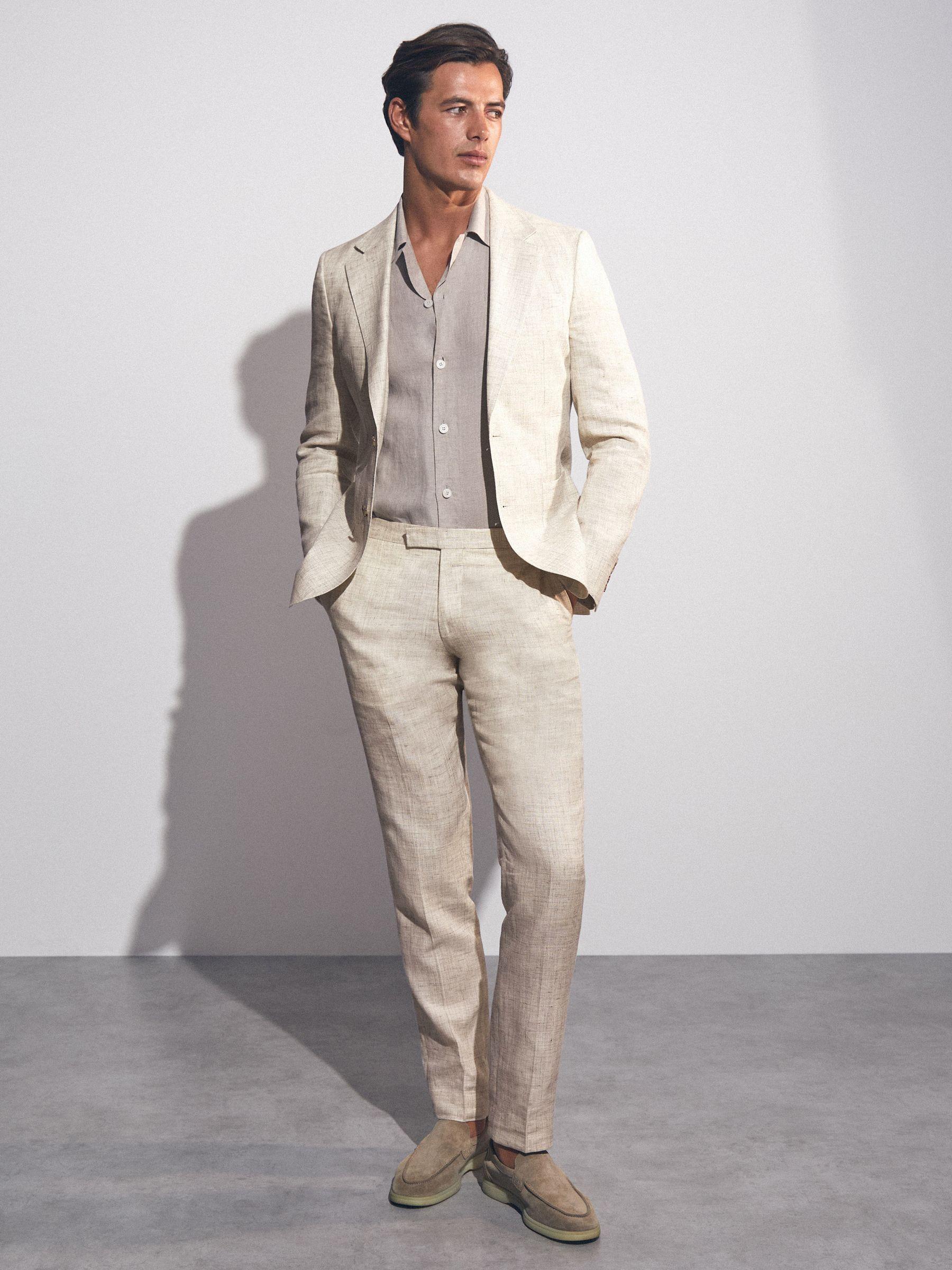 Slim Fit Linen Single Breasted Check Suit Blazer in Oatmeal Product Image