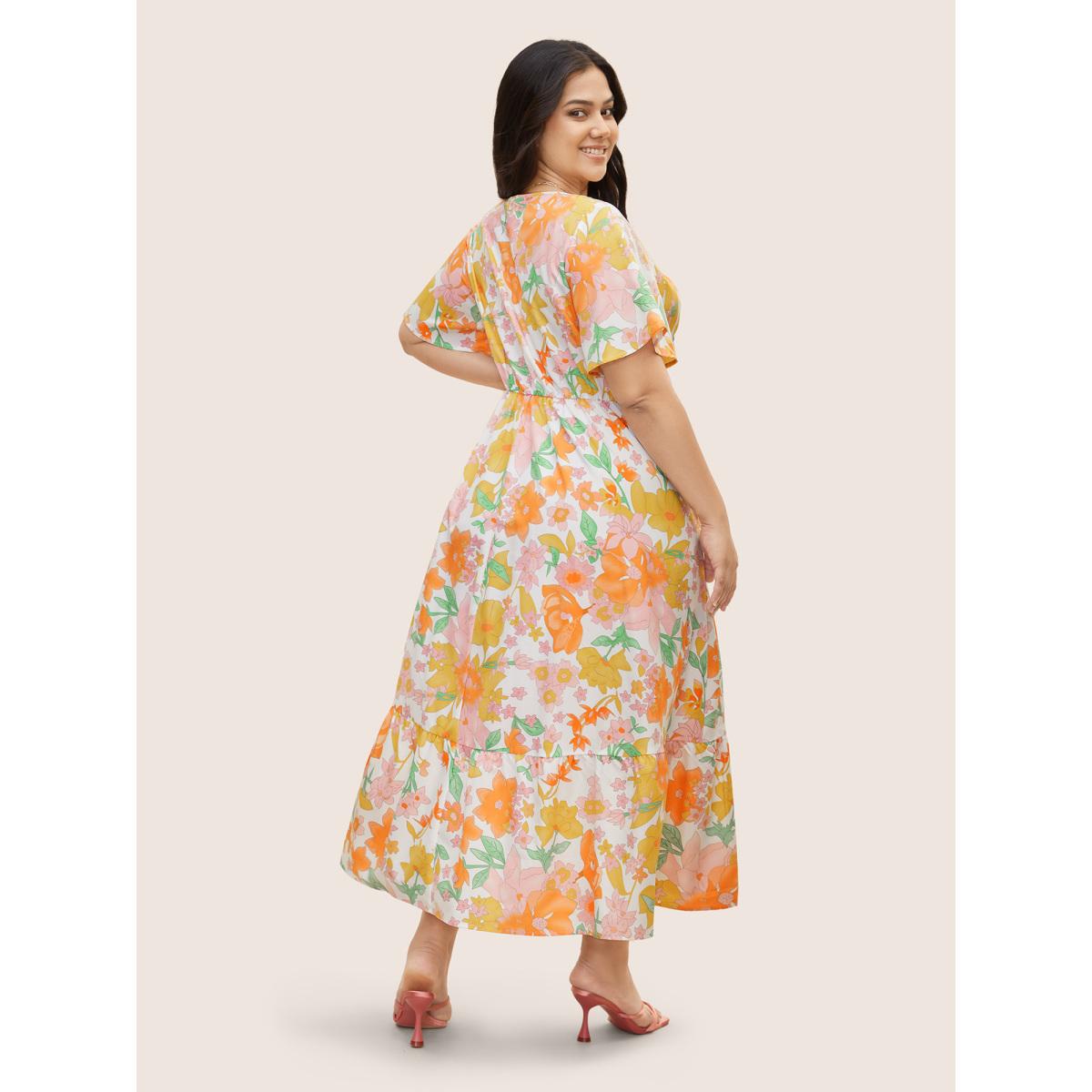 Plus Size V Neck Floral Drawstring Maxi Dress Multicolor Women Elegant Drawstring V-neck Short sleeve Curvy BloomChic 12/L Product Image