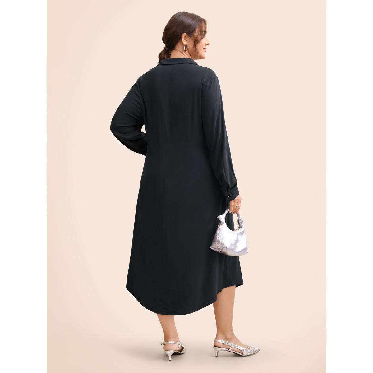 Plus Size Stretch Woven Structured Midi Dress Midnight Women At the Office Button Shirt collar Long Sleeve Curvy BloomChic 22-24/3X Product Image