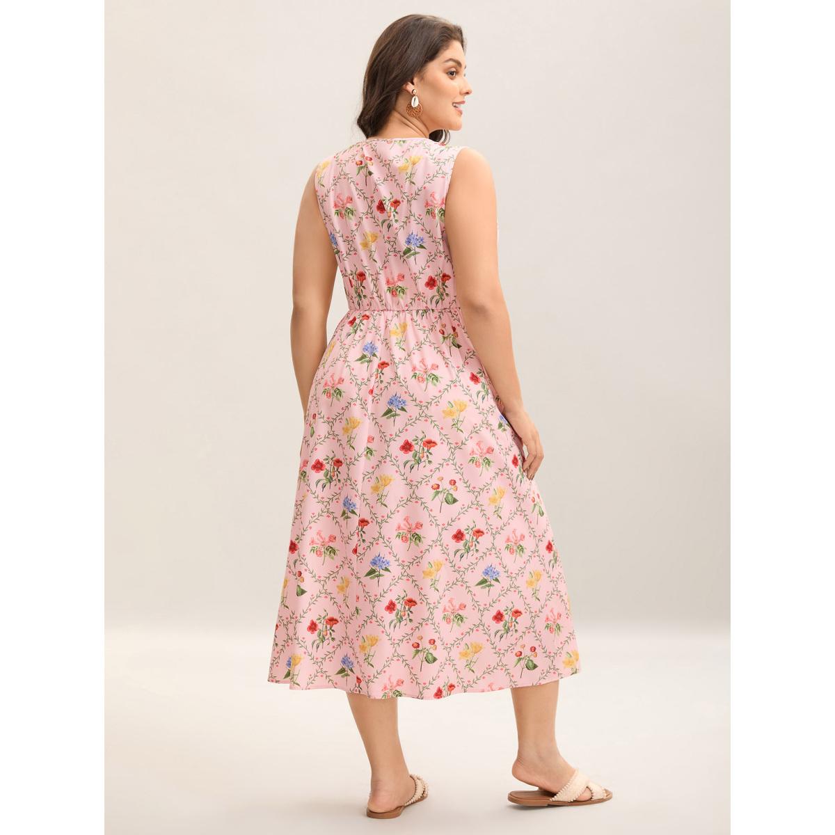 Plus Size Floral Abstract Print V-Neck Maxi Dress Crepe Women Gathered V-neck Sleeveless Curvy BloomChic 14-16/1X Product Image