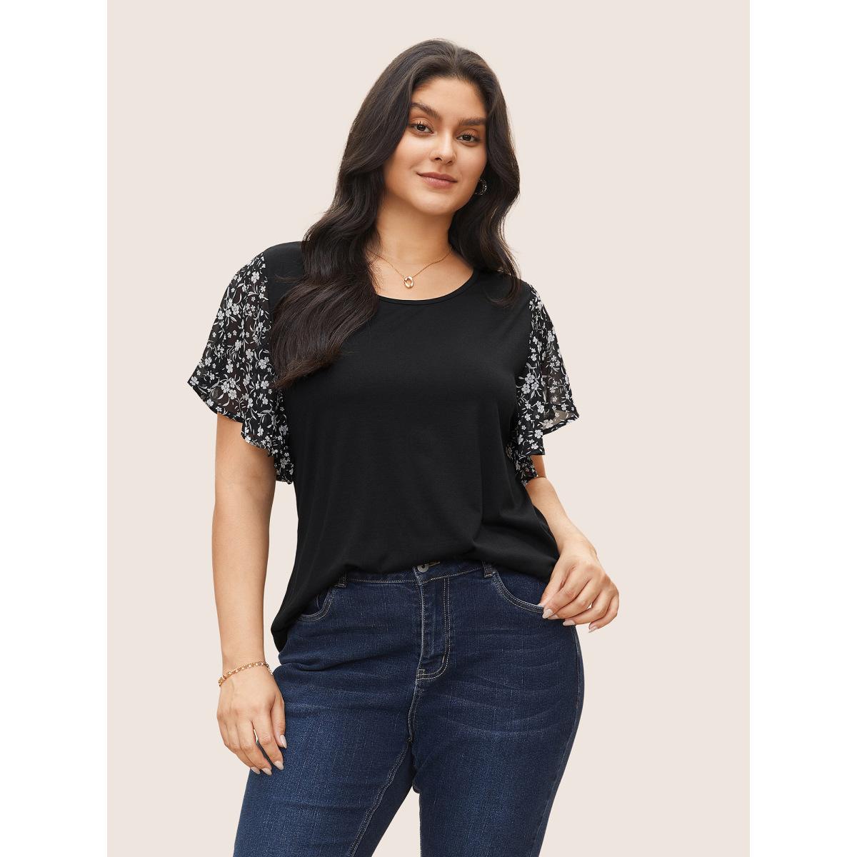 Plus Size Ditsy Floral Ruffle Sleeve Round Neck T-Shirt Black Women Elegant Ditsy Floral Everyday T-shirts BloomChic 28/5X Product Image