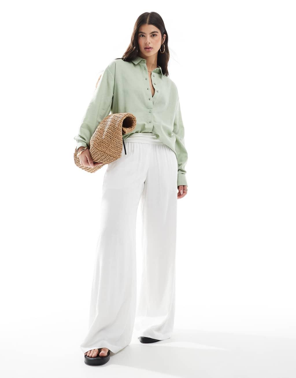 ASOS DESIGN linen blend shirt in khaki Product Image