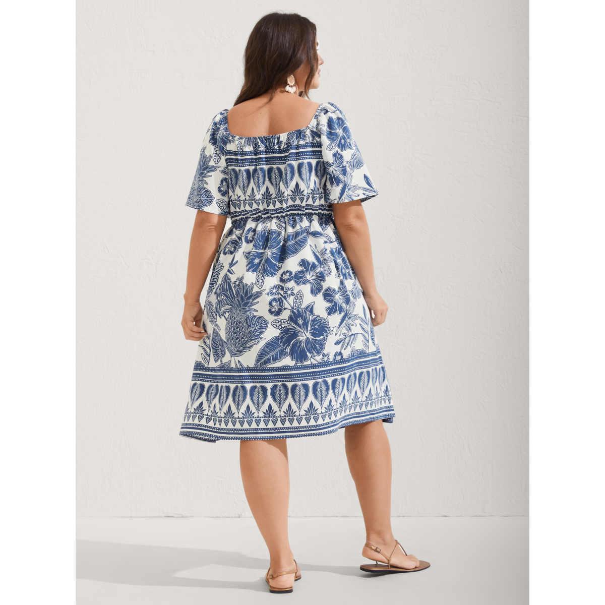 Plus Size Boho Print Fit Flare Pockets Midi Dress DarkBlue Women Resort Non Heart neckline Short sleeve Curvy BloomChic 26/4X Product Image