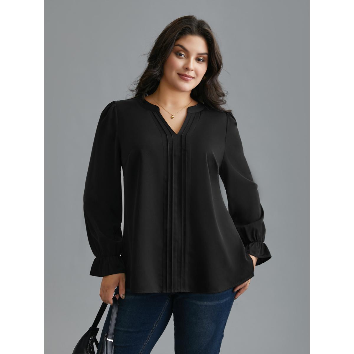Plus Size Black Notched Collar Pleated Lantern Sleeve Blouse Women At the Office Long Sleeve Notched collar Work Blouses BloomChic 22-24/3X Product Image