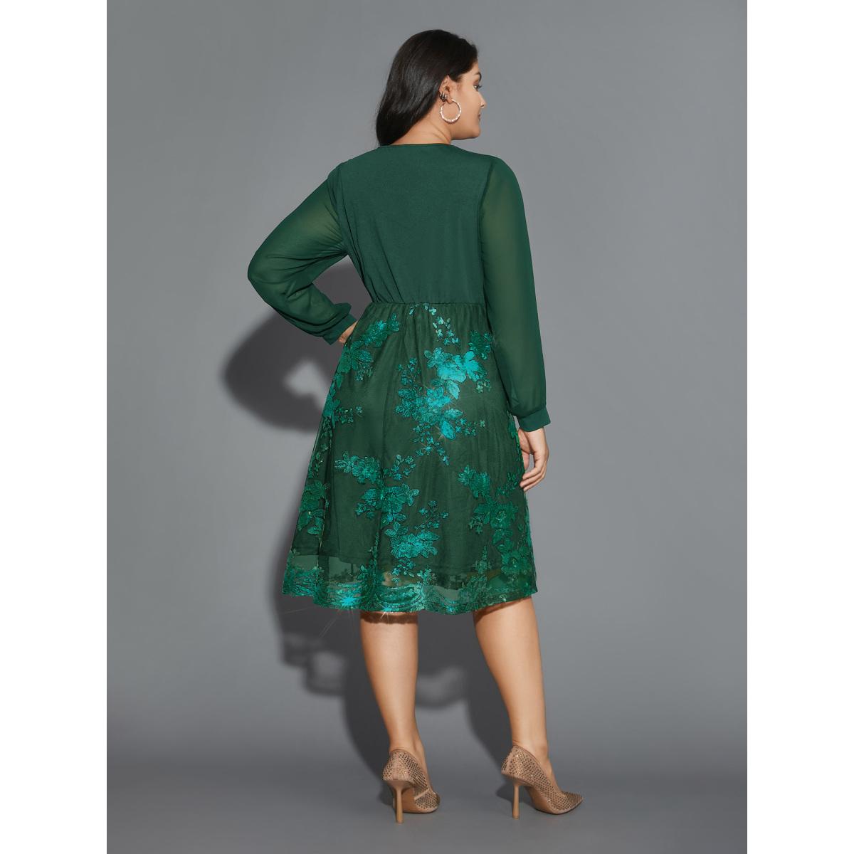 Plus Size Sequin Overlap Collar Sheer Sleeve Lined Dress DarkGreen Women Party&Cocktail Texture Party Curvy Bloomchic 26/4X Product Image