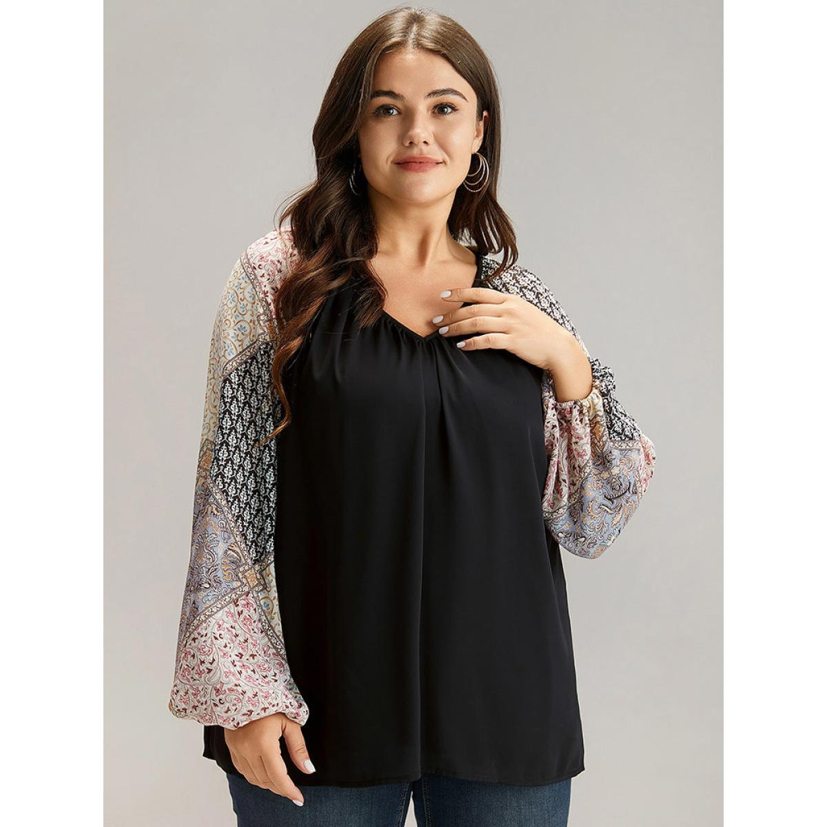Plus Size Black Bandana Patchwork Twill Contrast Lantern Sleeve Blouse Women Elegant Long Sleeve V-neck Dailywear Blouses BloomChic 28/5X Product Image