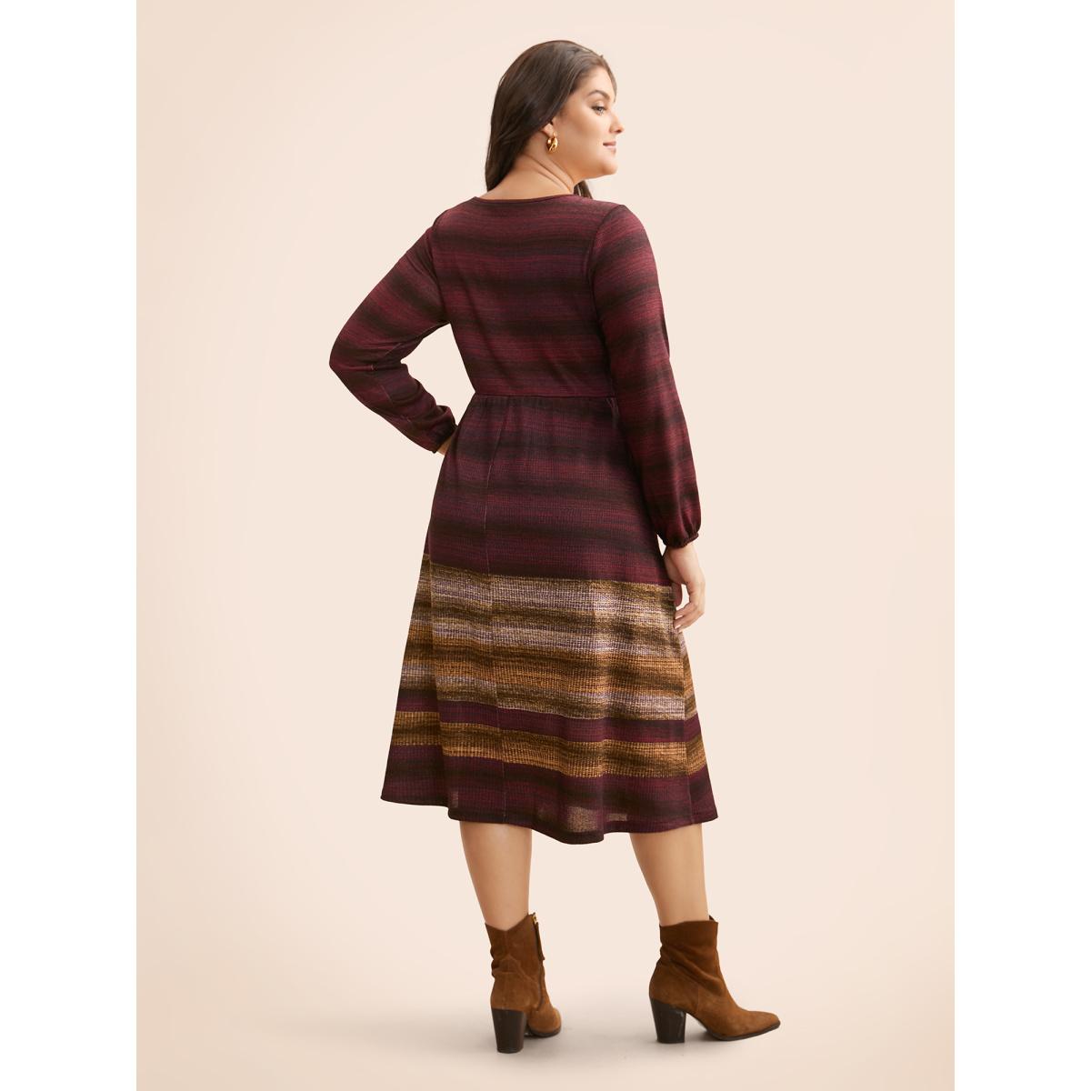Plus Size Ombre Contrast Lantern Sleeve Midi Dress Plum Women Casual Texture Round Neck Long Sleeve Curvy BloomChic 22-24/3X Product Image