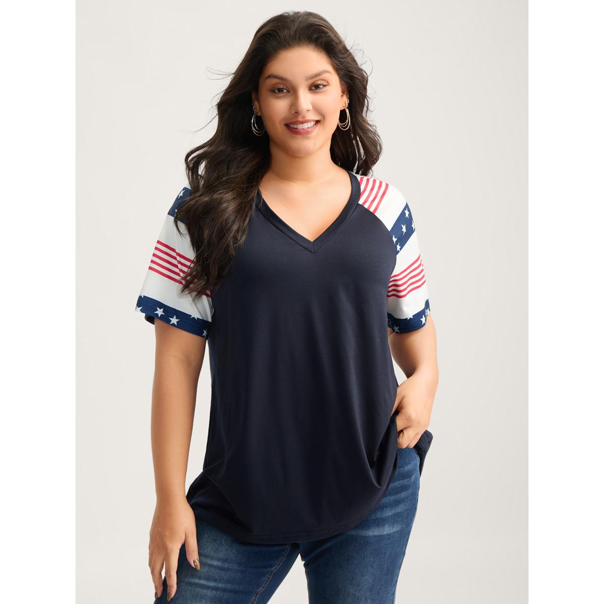 Plus Size Stars and Stripes Raglan T-Shirt Navy Women Leisure Round Neck Casual T-shirts BloomChic 18-20/2X Product Image