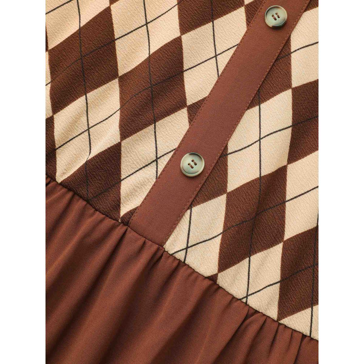 Plus Size Geometric Crew Neck Button Detail Dress Browncoffeecolor Women Elegant Patchwork Round Neck Long Sleeve Curvy BloomChic 12/L Product Image