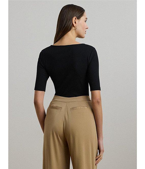 Lauren Ralph Lauren Rib-Knit Cotton Blend Scoop Neck Elbow Sleeve Fitted Tee Product Image