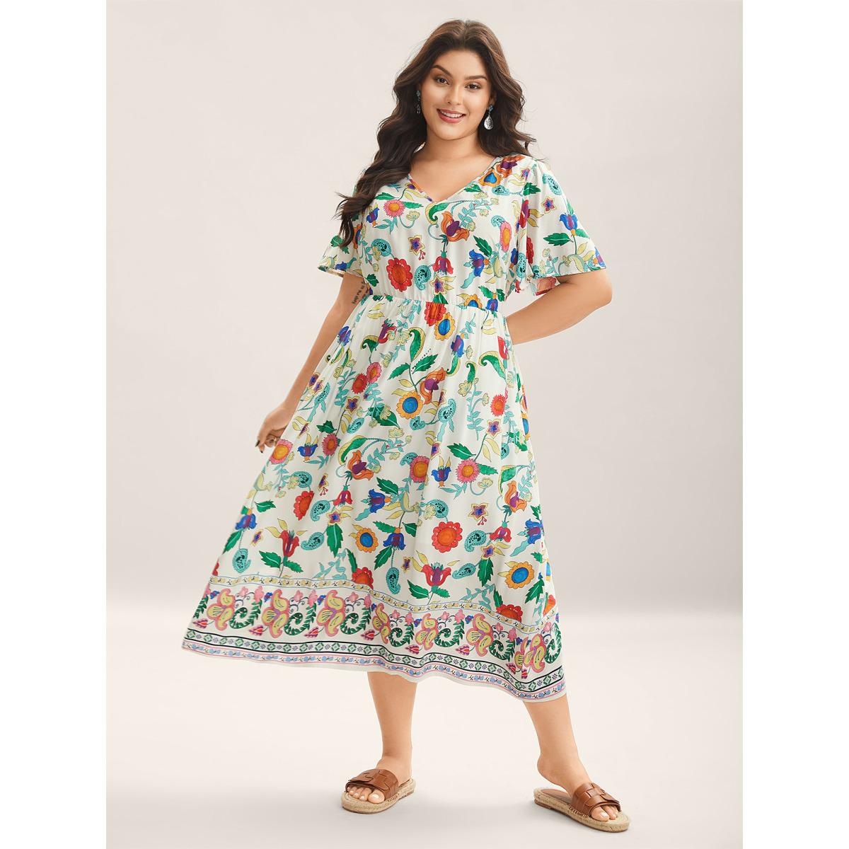 Plus Size Sunkissed Floral V-Neck Pockets Midi Dress Multicolor Women V-neck Short sleeve Curvy BloomChic 28/5X Product Image