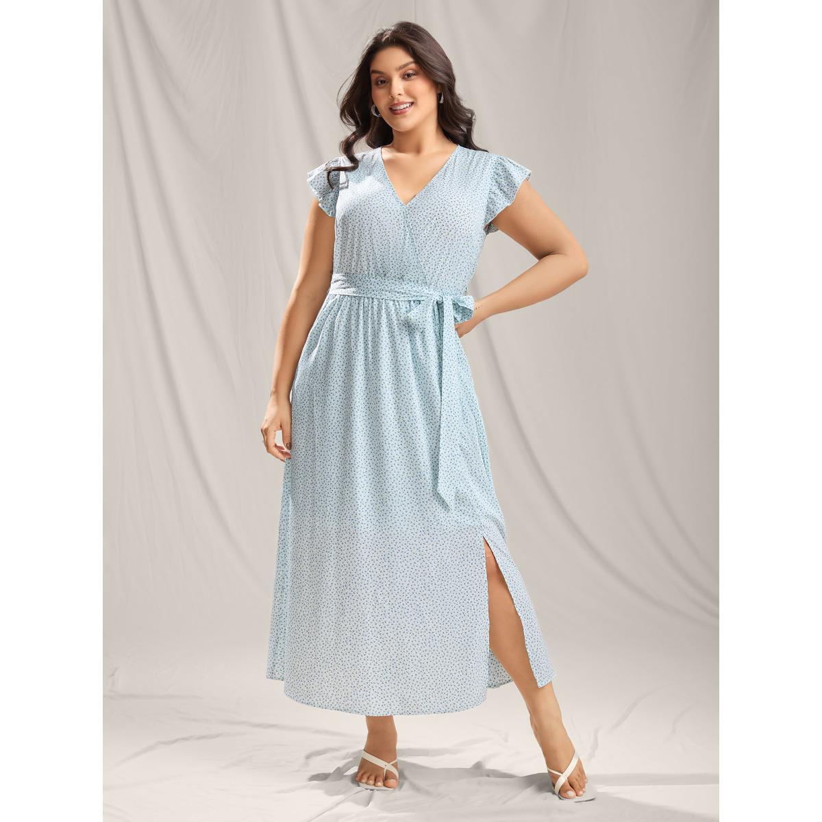 Plus Size Floral Print Slit Belted Maxi Dress LightBlue Women Overlap Collar Cap Sleeve Curvy BloomChic 30/6X Product Image