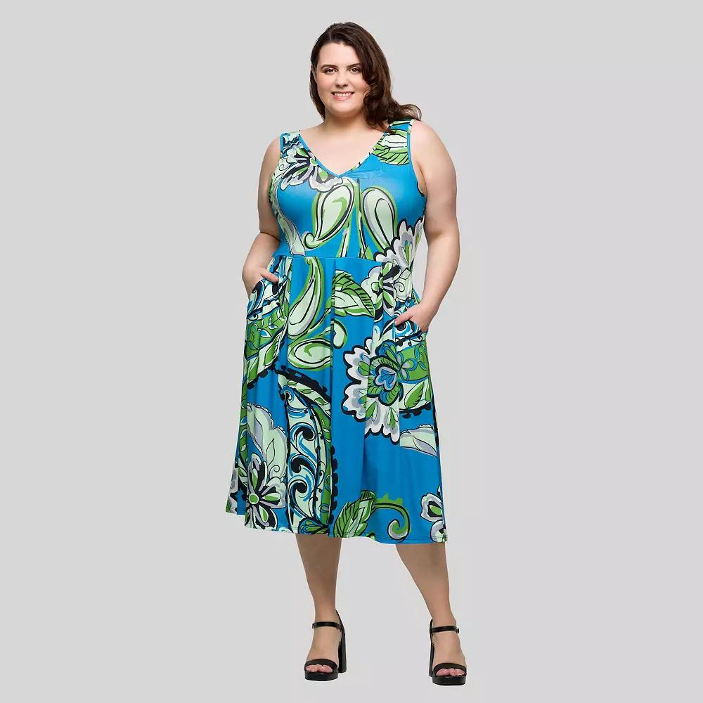 Plus Size 24Seven Comfort Apparel Midi Length Pleated Pocket Dress, Women's, Size: 2XL, Blue Team Product Image