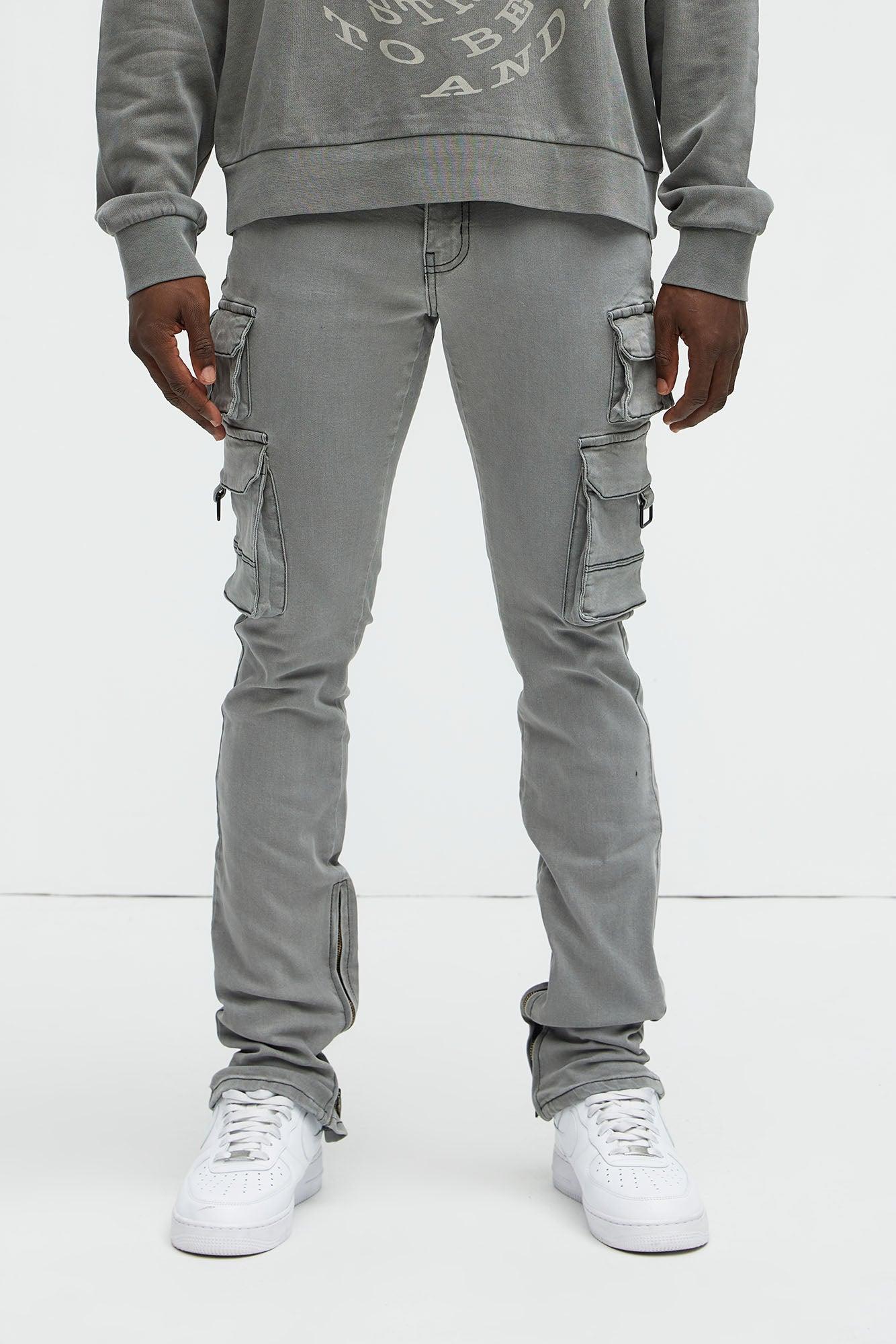 Get This Cargo Stacked Skinny Zipper Flare Jeans - Grey Product Image