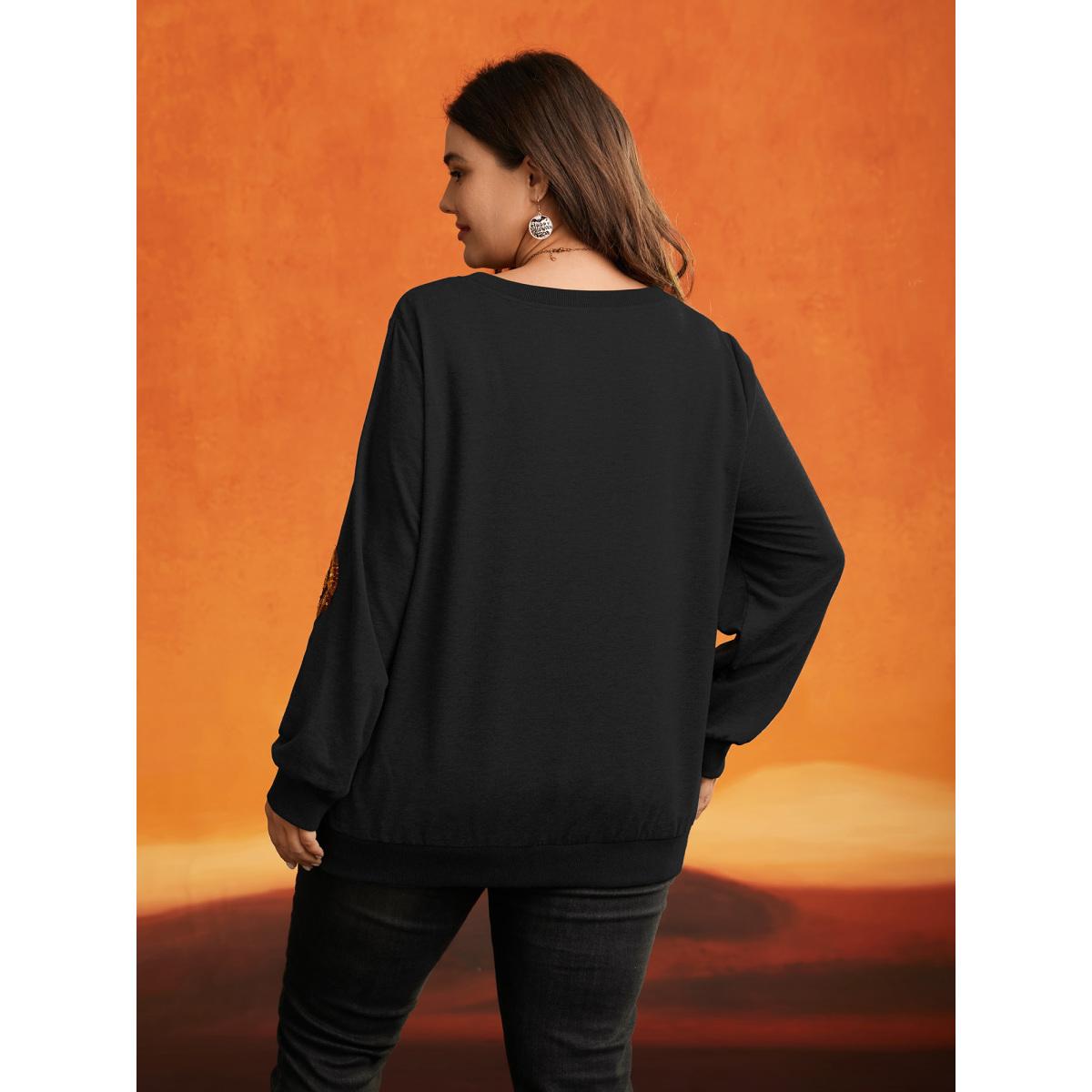 Plus Size Jack-O-Lantern Sequin Sweatshirt Women Black Casual Contrast Loose Round Neck Everyday Sweatshirts BloomChic 30/6X Product Image