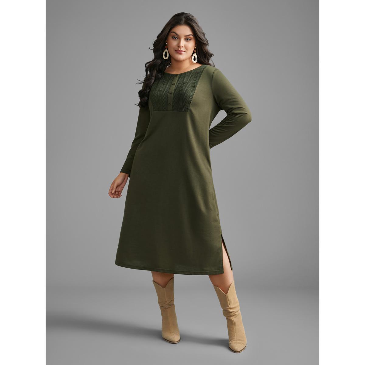 Plus Size Textured Patchwork Button Detail Midi Dress Sage Women Casual Texture Round Neck Long Sleeve Curvy BloomChic 12/L Product Image