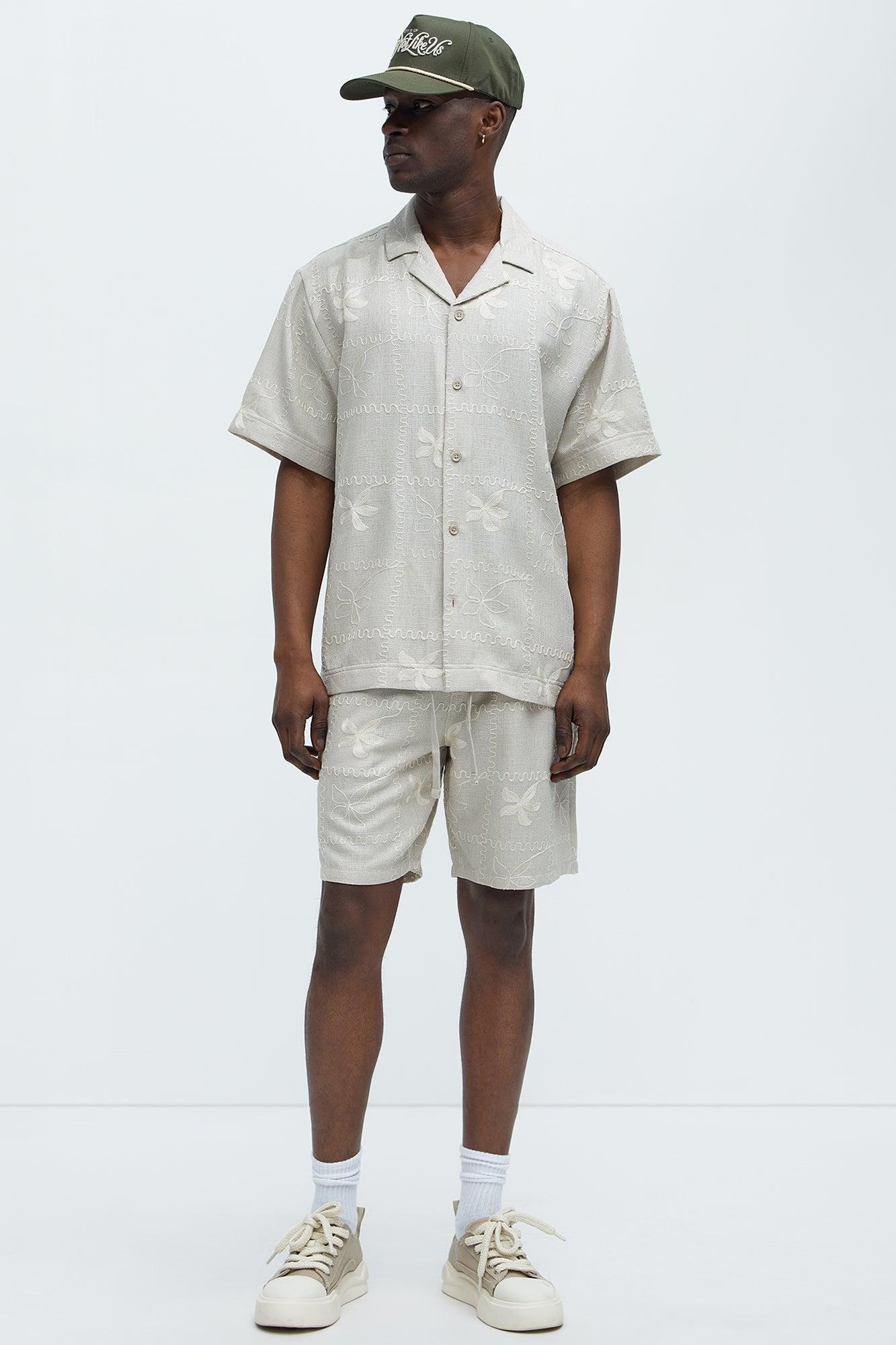 Embroidered Flowers Cuban Collar Button Up Shirt - Stone/Combo Product Image