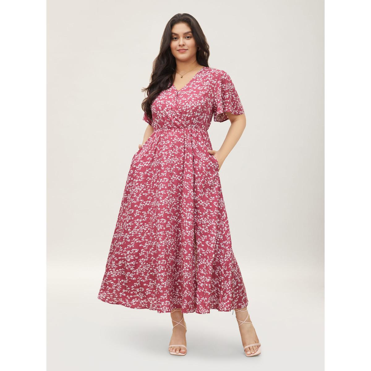 Plus Size Bloom Dress - Flutter Sleeve Ditsy Floral Pocket Split Maxi Dress LightGreen Women Romantic Slit V-neck Half Sleeve Curvy Long Dress BloomChic 10/M Product Image