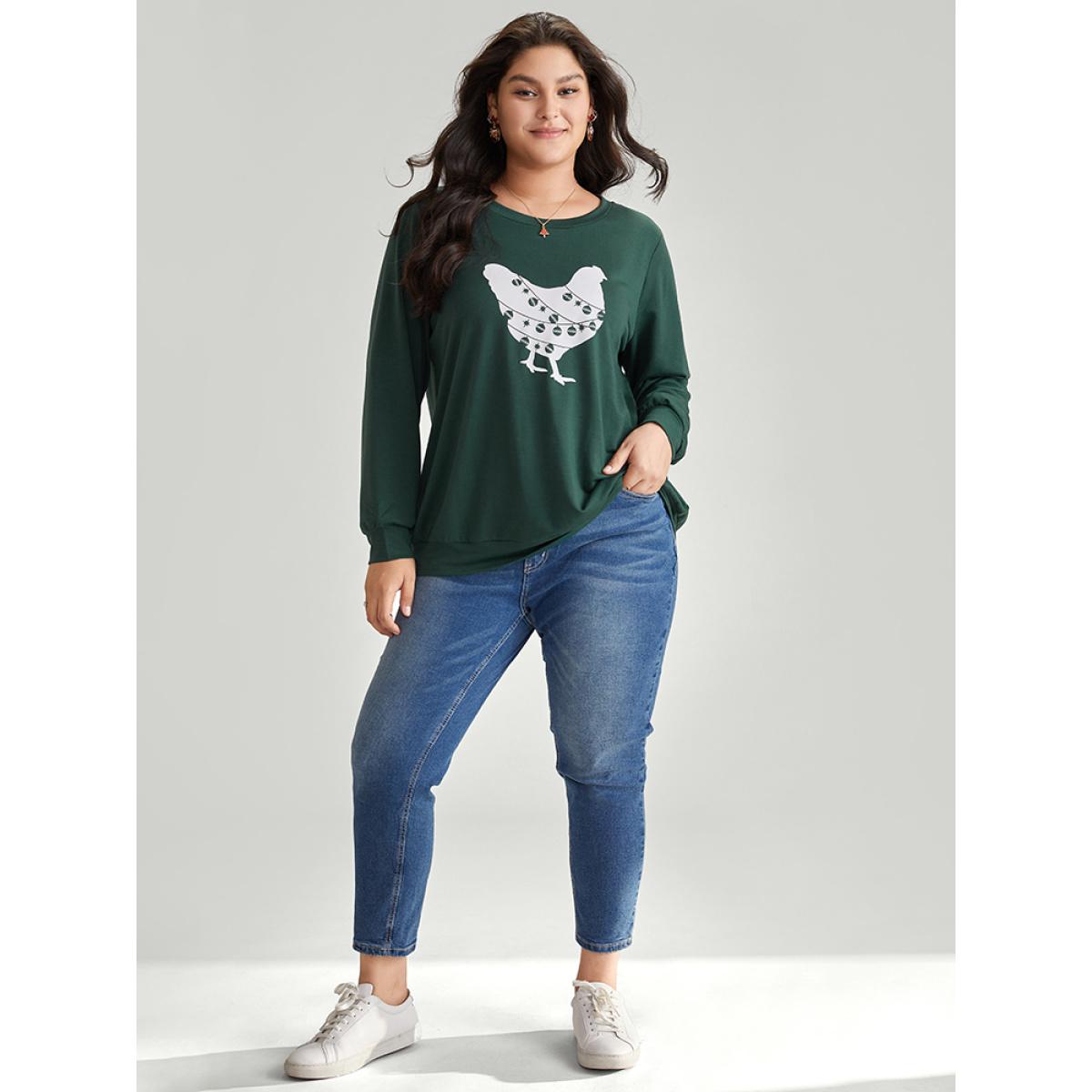 Plus Size Christmas Animal Print Crew Neck Sweatshirt Women DarkGreen Casual Printed Festival-Christmas Sweatshirts BloomChic 22-24/3X Product Image