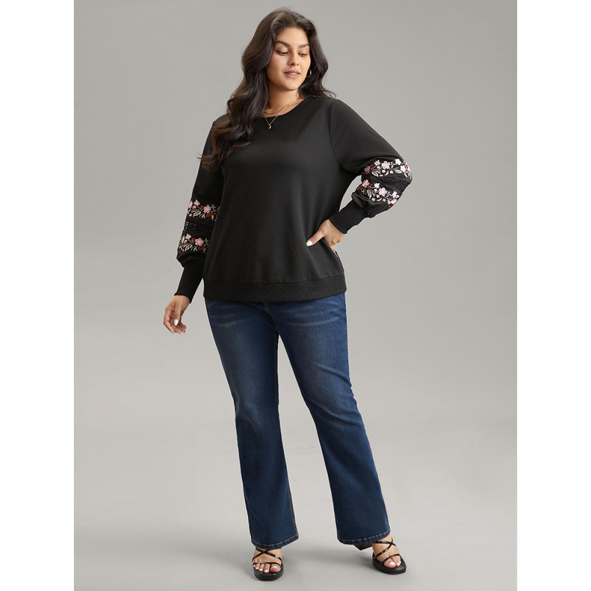 Plus Size Floral Embroidered Lace Insert Sweatshirt Women Black Elegant Lace Round Neck Dailywear Sweatshirts BloomChic 14-16/1X Product Image