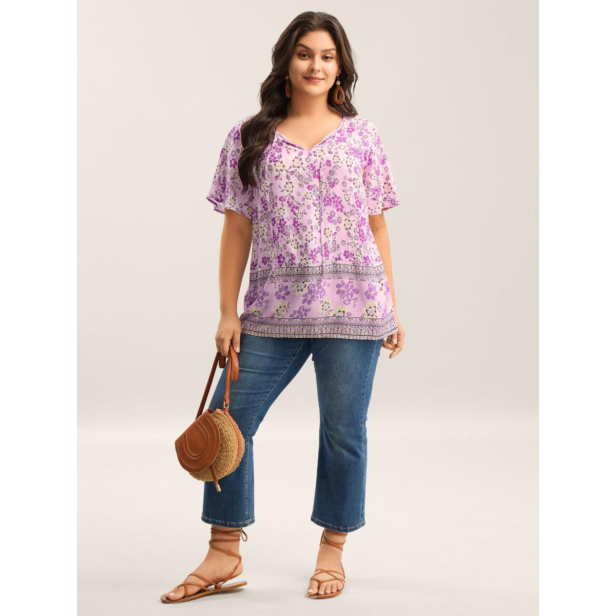 Plus Size Lilac Floral Print Neck Tie Flowy Blouse Women Boho Short sleeve Notched collar Vacation Blouses BloomChic 14-16/1X Product Image