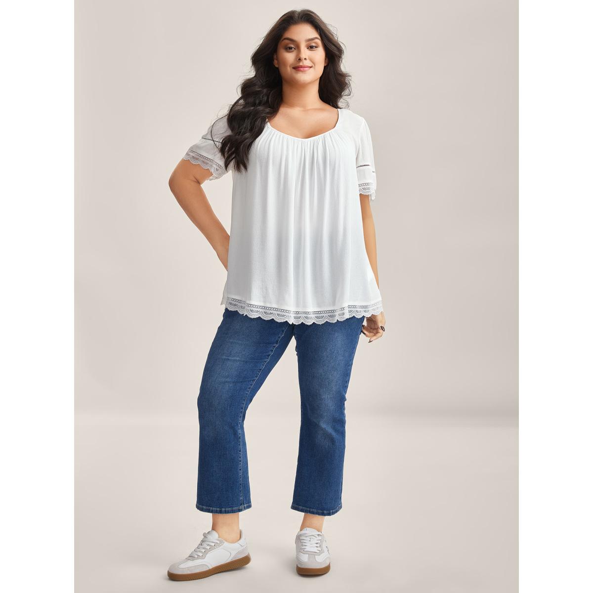 Plus Size WhiteSmoke Rayon Flowy Lace Trim Solid Blouse Women Leisure Short sleeve Heart neckline Casual Blouses BloomChic 26/4X Product Image