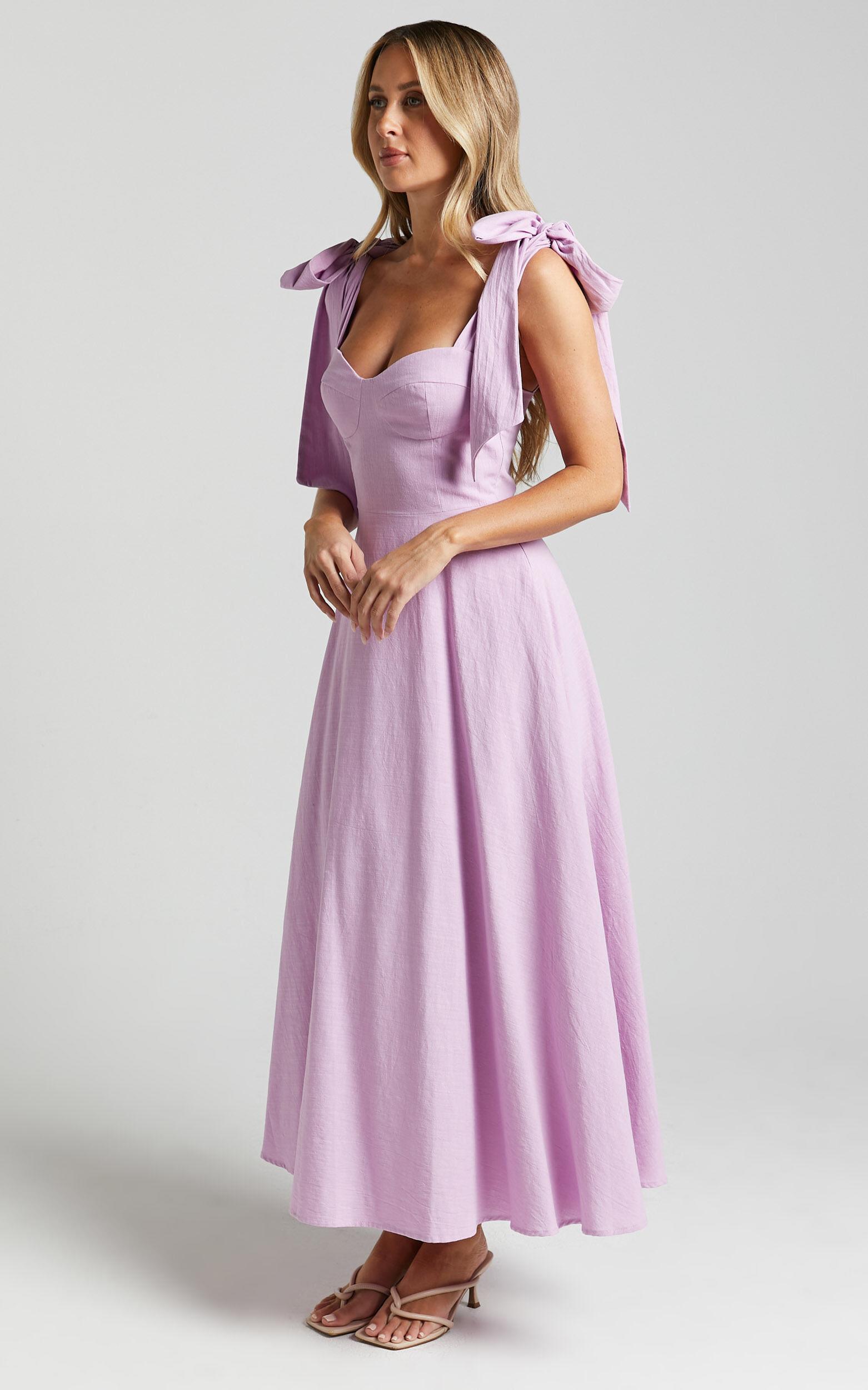 Tymia Midi Dress - Shoulder Tie Bustier Shirred Back A Line in Lavender Product Image