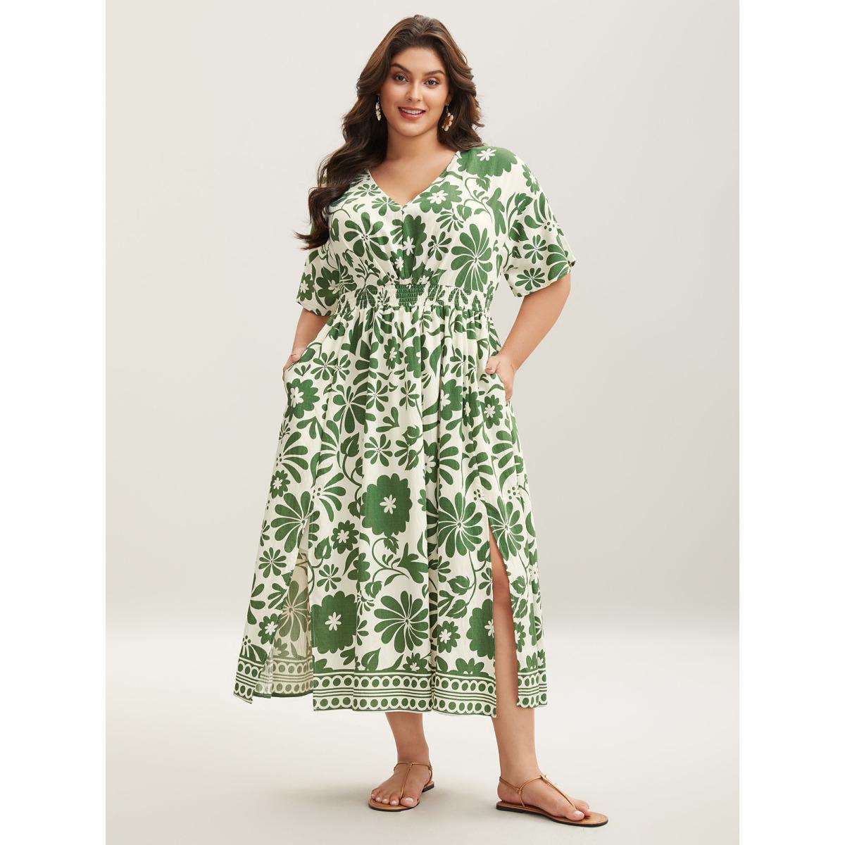 Plus Size Large Floral Print Pockets Midi Dress Truegreen Women Slit V-neck Short sleeve Curvy BloomChic 14-16/1X Product Image