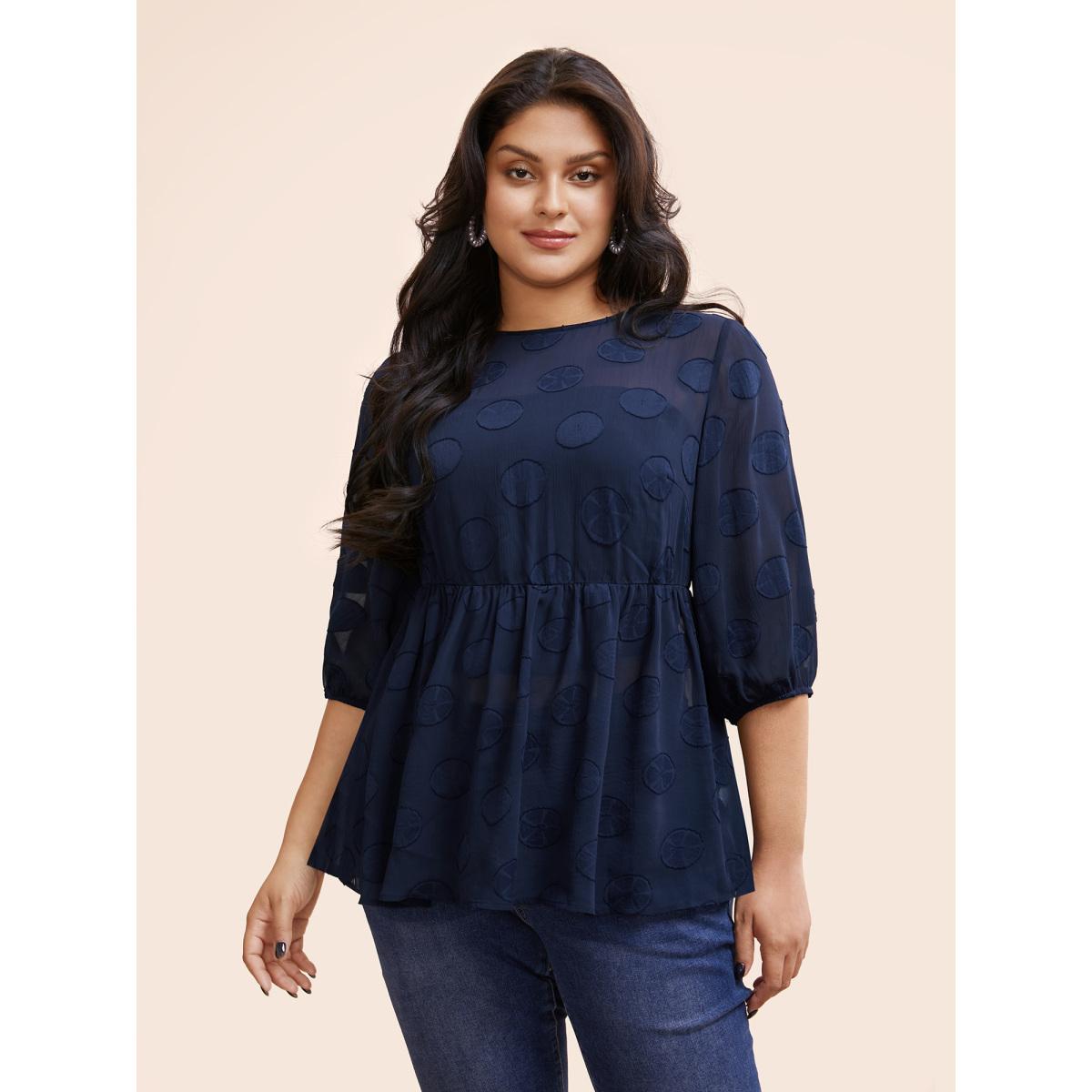 Plus Size Indigo Chiffon Textured Mesh Lantern Sleeve Blouse Women Elegant Elbow-length sleeve Round Neck Everyday Blouses BloomChic 14-16/1X Product Image
