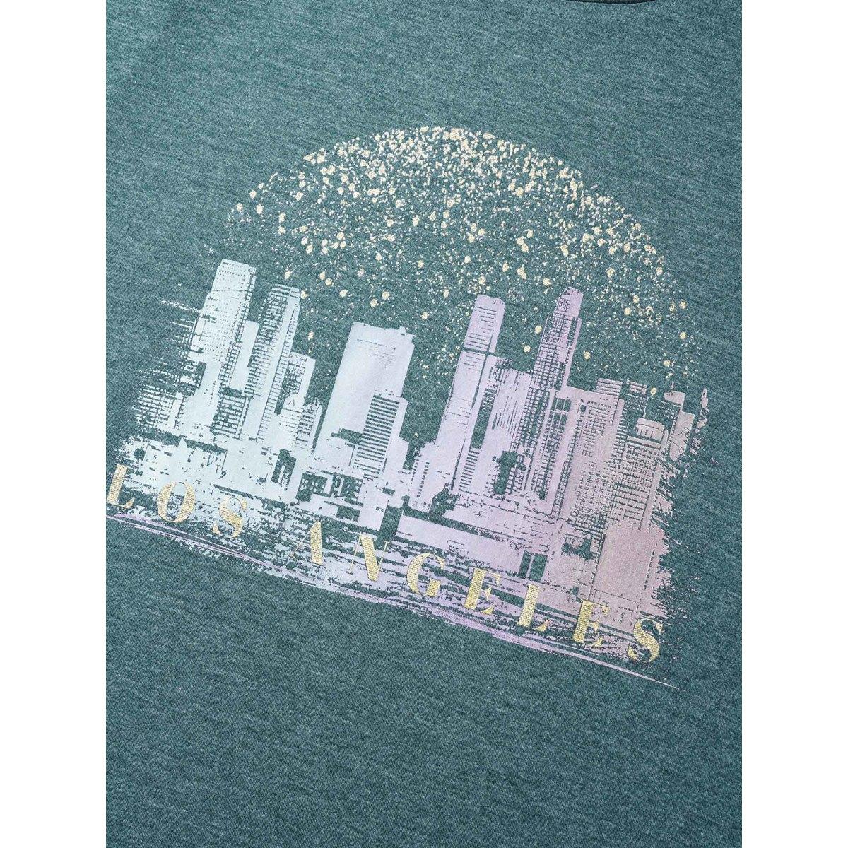 Plus Size Solid Heather City Print Crew Neck T-shirt Cyan Women Casual Non Area Everyday T-shirts BloomChic 12/L Product Image