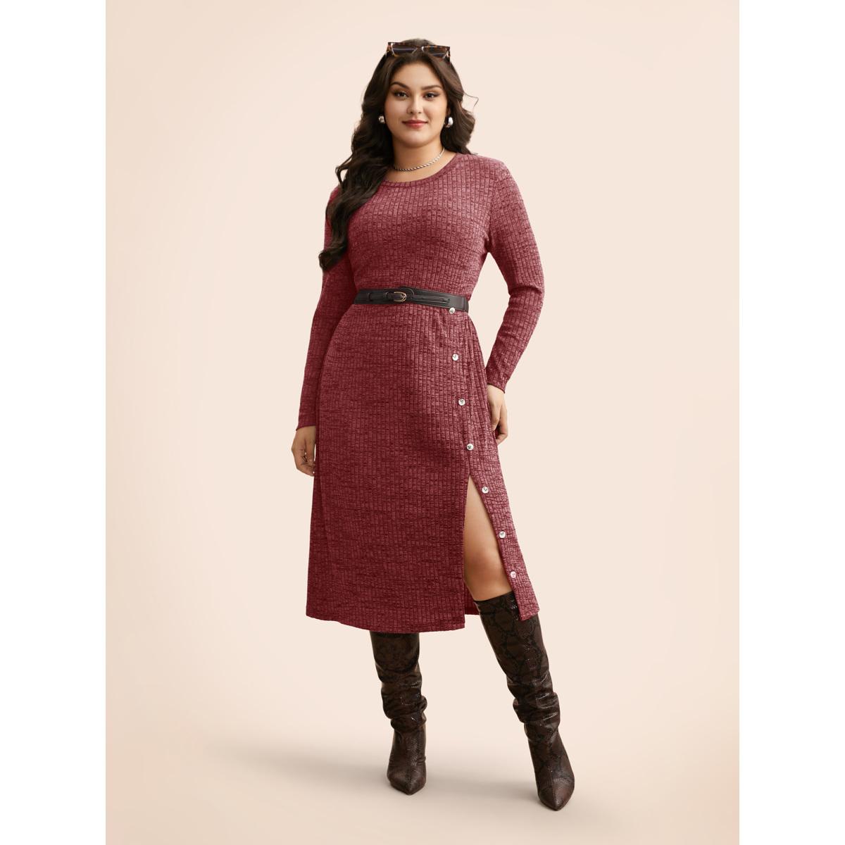 Plus Size Crew Neck Button Detail Split Hem Dress Burgundy Women Leisure Texture Round Neck Long Sleeve Curvy BloomChic 26/4X Product Image