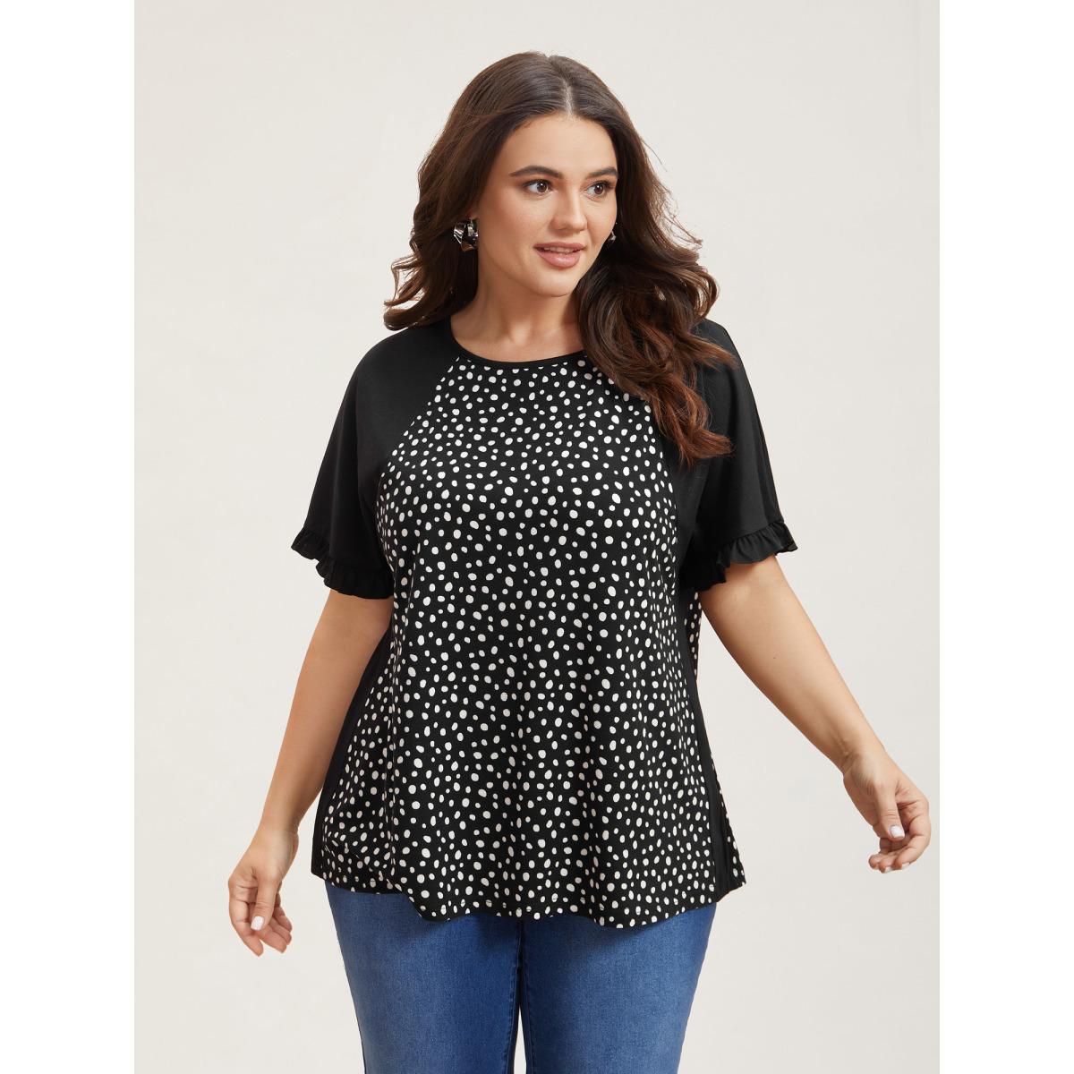 Plus Size Printed Spliced Raglan Sleeve Ruffled T-Shirt Black Women Leisure Contrast Round Neck Casual T-shirts BloomChic 26/4X Product Image