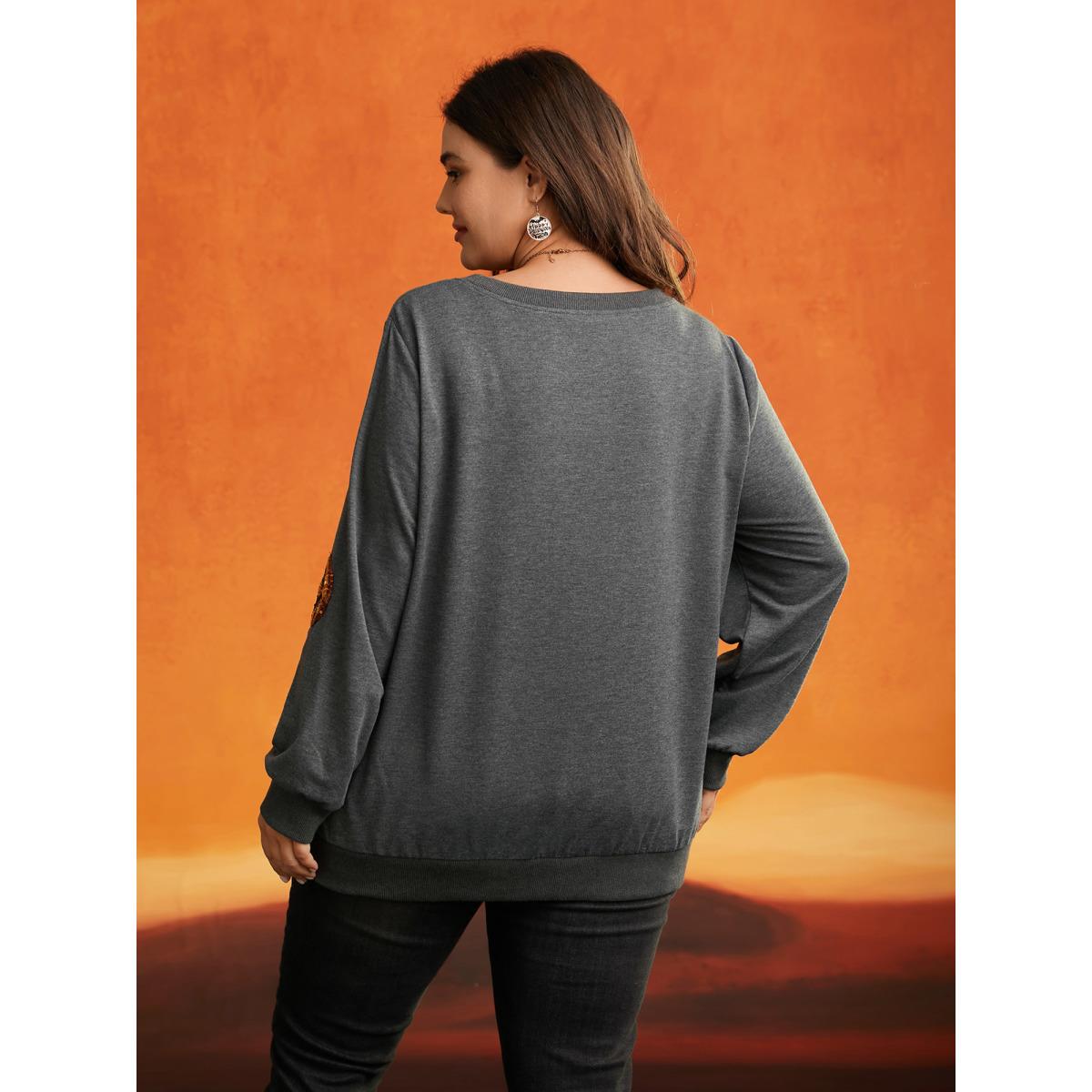 Plus Size Jack-O-Lantern Sequin Sweatshirt Women DimGray Casual Contrast Loose Round Neck Everyday Sweatshirts BloomChic 14-16/1X Product Image