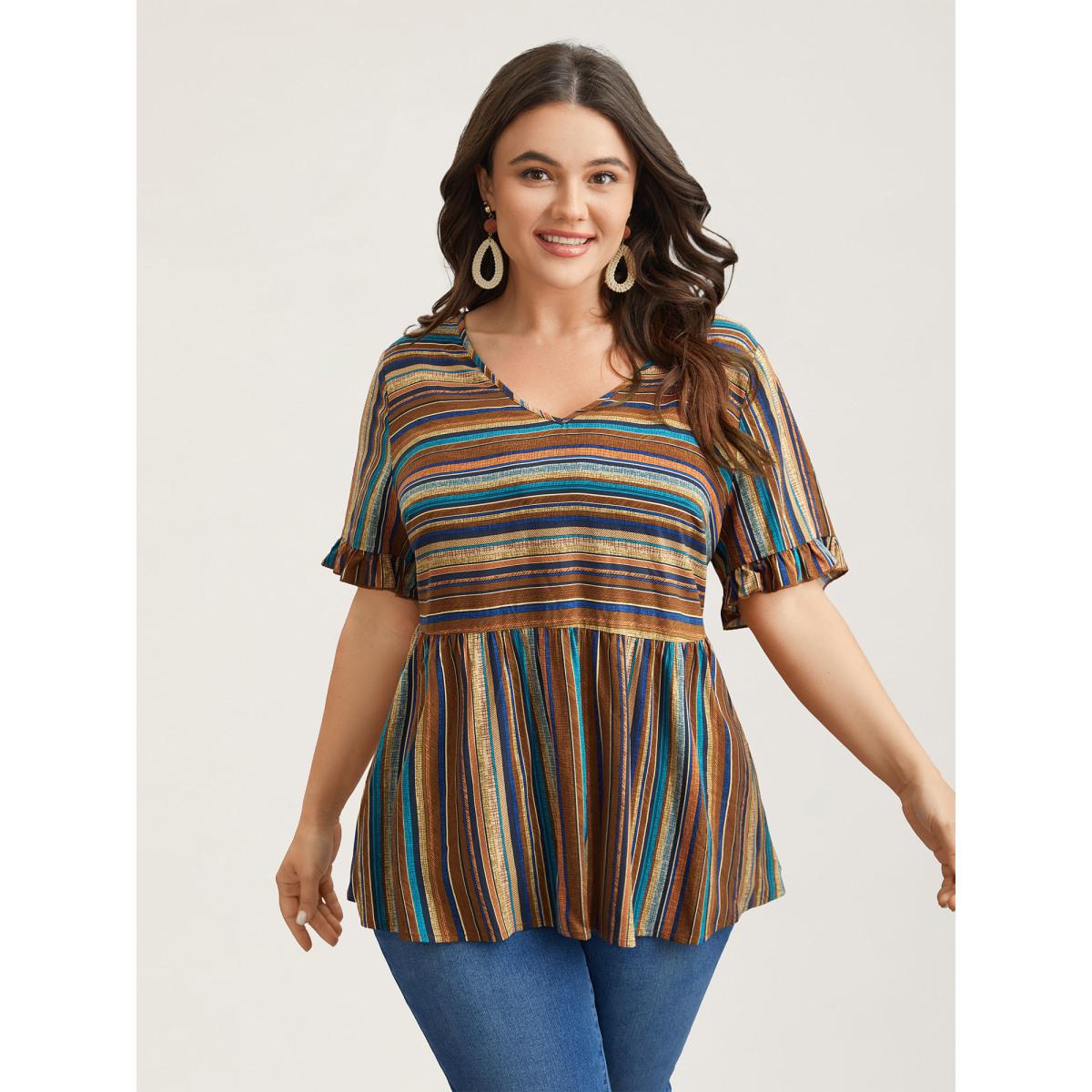 Plus Size Multicolor Striped V-Neck Peplum Shirt Women Boho Short sleeve V-neck Vacation Blouses BloomChic 26/4X Product Image