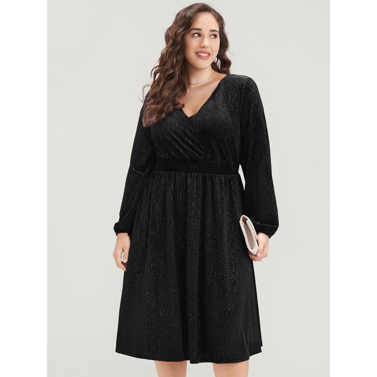 Plus Size Glitter Lantern Sleeve Surplice Neck Shirred Dress Black Women Party Plain V-neck Long Sleeve Curvy Knee Dress BloomChic 28/5X Product Image