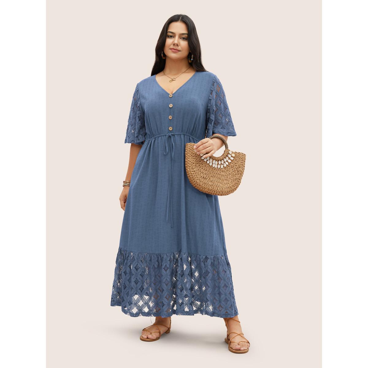 Plus Size Crochet Lace Mesh Button Detail Drawstring Dress DarkBlue Women Resort Tie knot V-neck Half Sleeve Curvy Midi Dress BloomChic 10/M Product Image