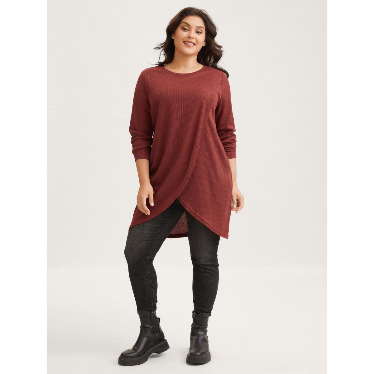 Plus Size Solid Waffle Knit Overlap Hem T-shirt Rust Women Leisure Overlapping Round Neck Casual T-shirts BloomChic 26/4X Product Image